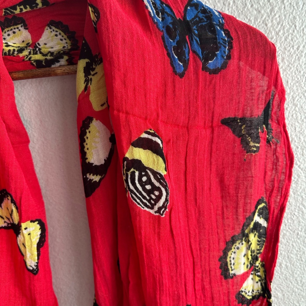 J. Crew Viscose and Linen 🦋 Butterfly Print Red Scarf - Picture 3 of 8